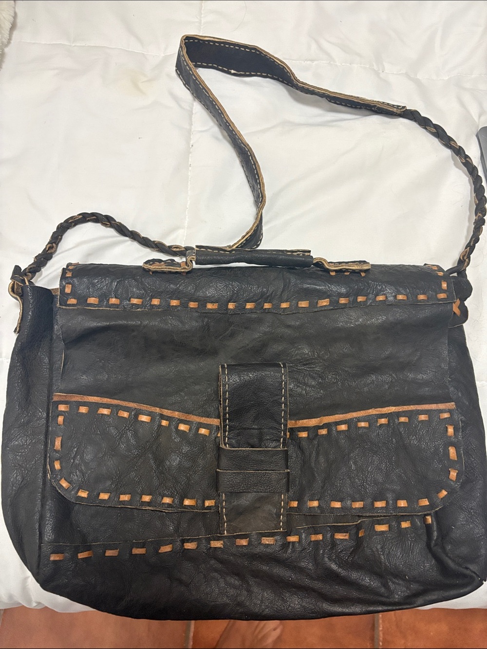 Men's Black Leather Shoulder Bag with Tan Stitching